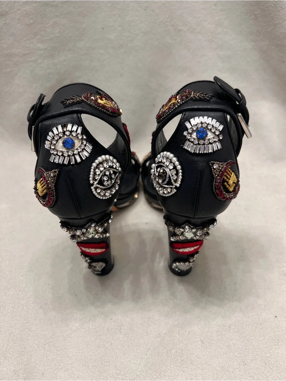 Alexander McQueen Leather Black Embellished Crystal & Embroidered Heel Sandals